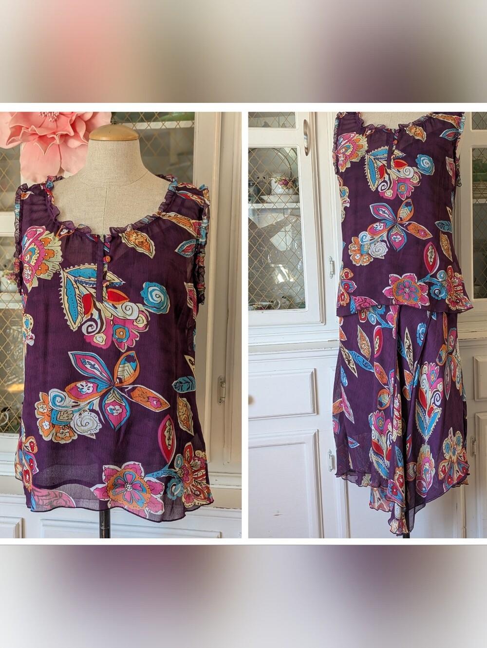 ✨🪻VTG Y2K FairycoreWomen's Matching Floral Blouse Skirt Set 3pc Chiffon